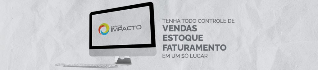 Banner com computador e logo do sistema impacto. Venda, Estoque, Faturamento