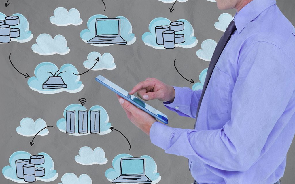 homem empresário usando o tablet com ilustrações de nuvens